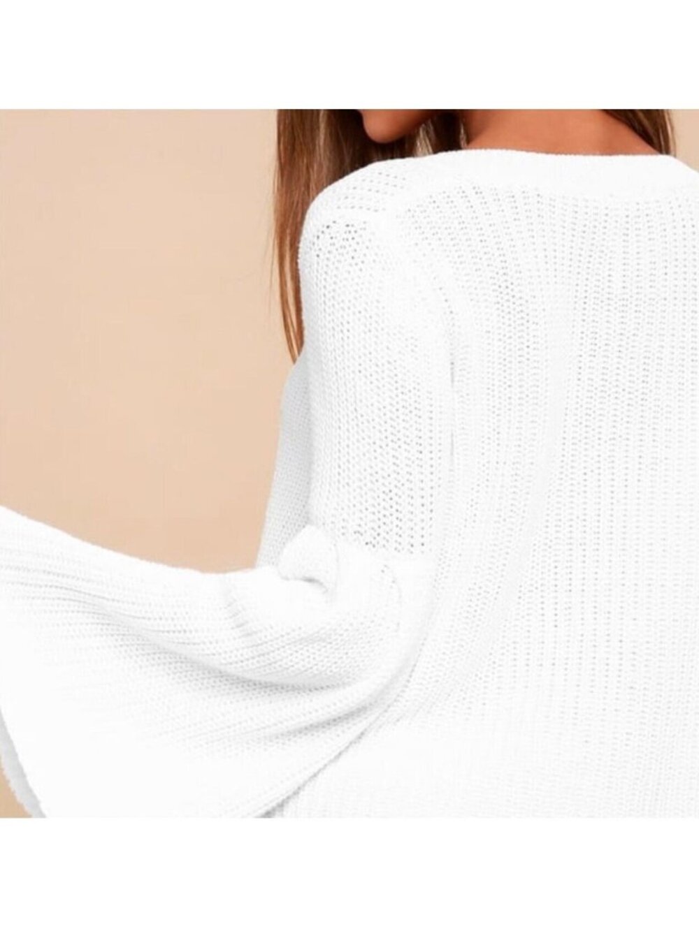Free People White Cropped Sweater DAMSEL V Neck Knit flared sleeves size small - Picture 11 of 12